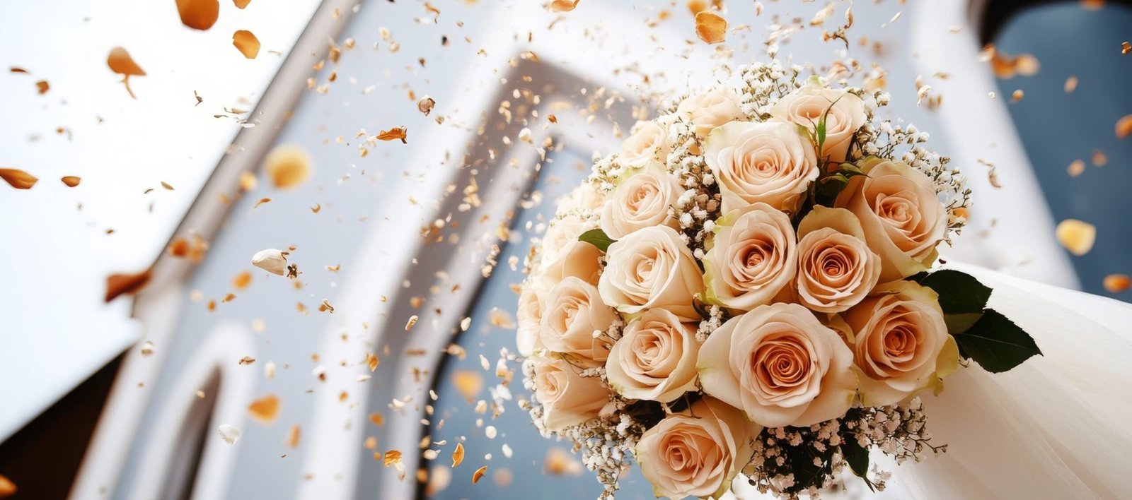 A bouquet of roses being thrown in the air with the background of a church. This image is telling about wedding reception.